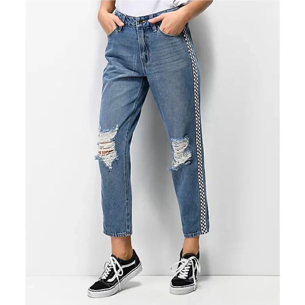 Womens Empyre Eileen Checkered Striped Light Wash Mom Jeans - Sz 5